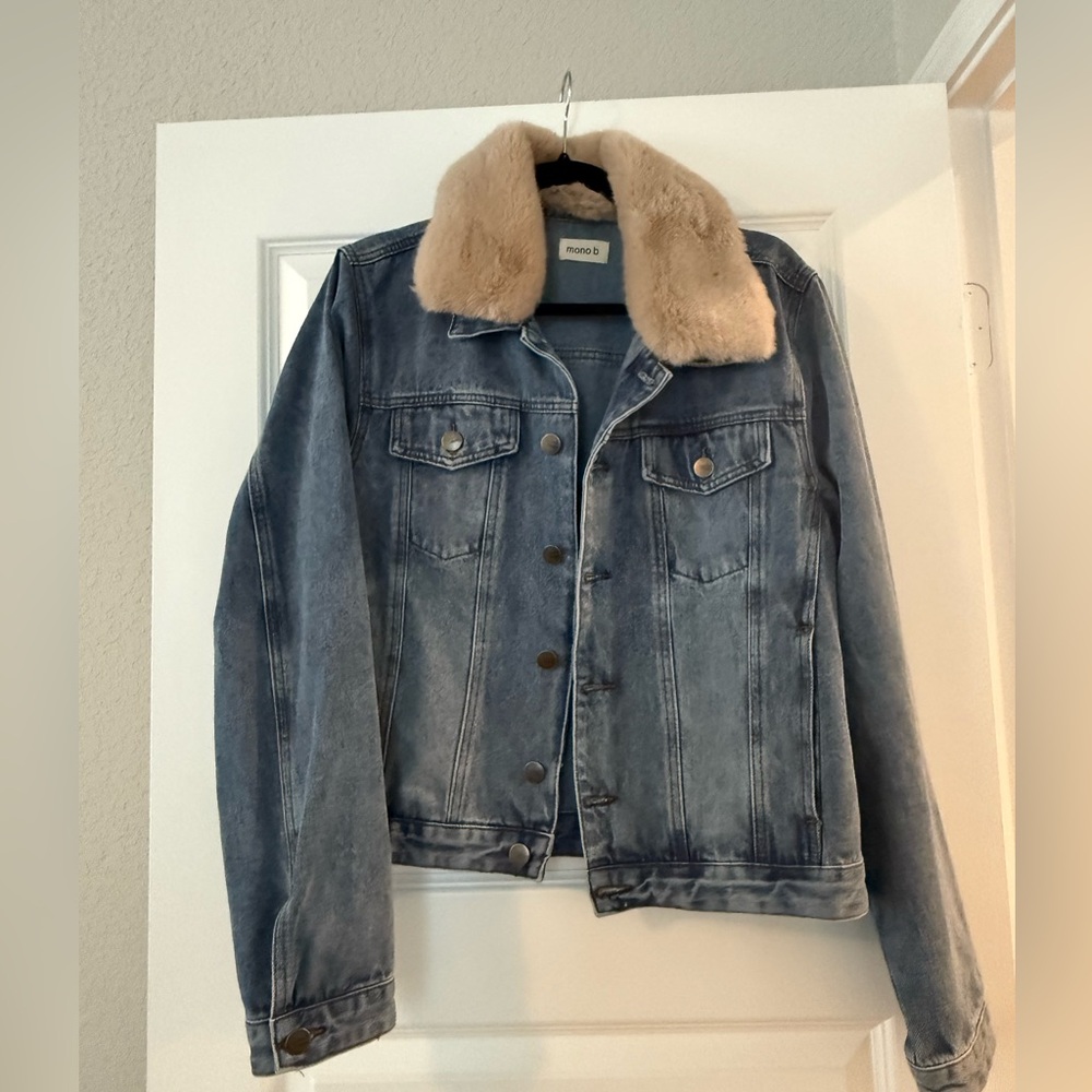 Mono B Denim Jacket with Tan Faux Fur Collar, Size L